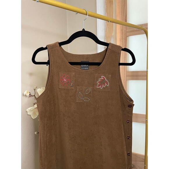 Erika Brown Suede Maxi Dress Nature Embroidered Vintage Style sz Petite Small - Picture 6 of 9